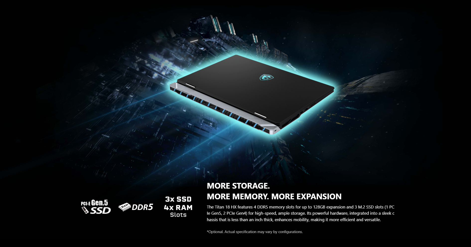 A large marketing image providing additional information about the product MSI Titan 18 HX (A14V) - 18" 120Hz, 14th Gen i9, RTX 4090, 32GB/2TB - Win 11 Gaming Notebook - Additional alt info not provided